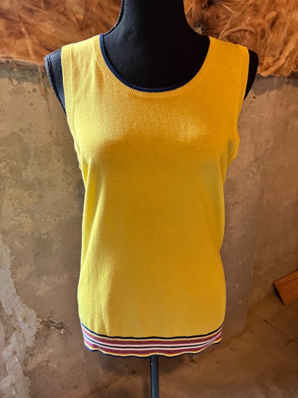 Vintage Talbots Yellow Sleeveless Tank Sweater Vest with Striped Trim